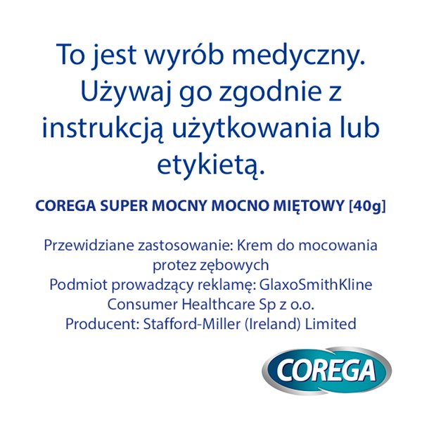 Corega Wyrób medyczny krem mocujący do protez zębowych super mocny mocno miętowy 40 g