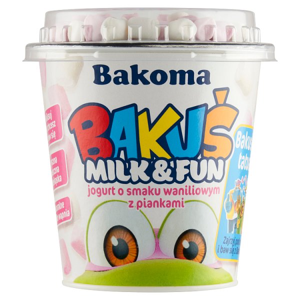 Bakoma Bakuś Milk &amp; Fun Jogurt o smaku waniliowym z piankami 128 g