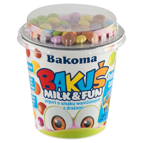 Bakoma Bakuś Milk &amp; Fun Jogurt o smaku waniliowym z drażami 135 g