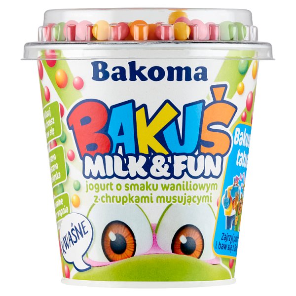 Bakoma Bakuś Milk &amp; Fun Jogurt o smaku waniliowym z chrupkami musującymi 132 g