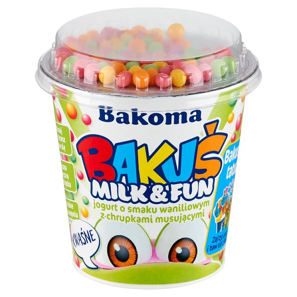 Bakoma Bakuś Milk &amp; Fun Jogurt o smaku waniliowym z chrupkami musującymi 132 g