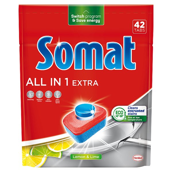 Somat All in 1 Extra Lemon &amp; Lime Tabletki do mycia naczyń w zmywarkach 739,2 g (42 x 17,6 g)