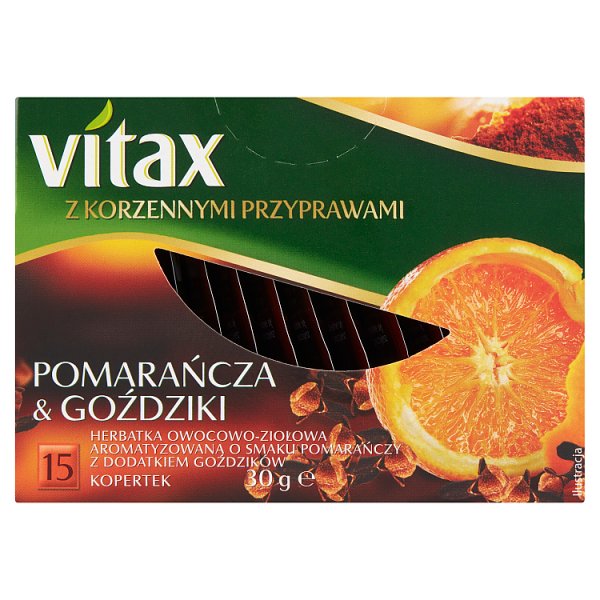 Vitax Herbatka owocowo-ziołowa o smaku pomarańczy z dodatkiem goździków 30 g (15 x 2 g)