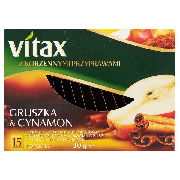 Vitax Herbatka owocowo-ziołowa aromatyzowana o smaku gruszki z dodatkiem cynamonu 30 g (15 x 2 g)