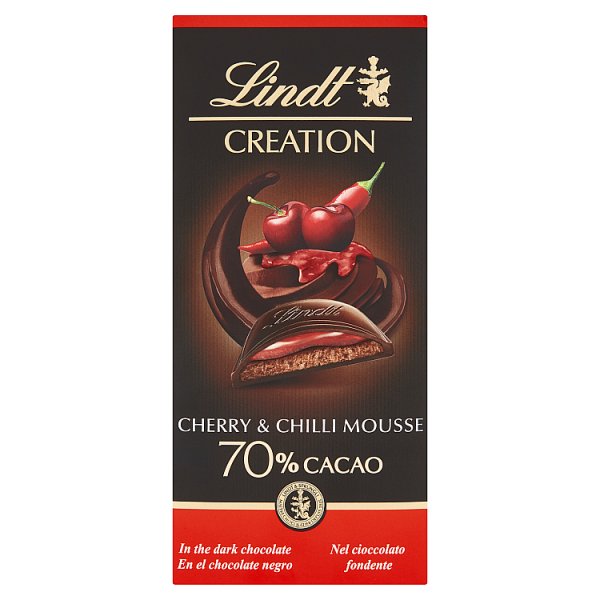 Lindt Creation 70 % Cacao Ciemna czekolada z musem czekoladowym nadzieniem wiśniowym z chilli 150 g