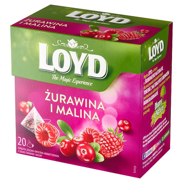 Loyd Herbatka ziołowo-owocowa aromatyzowana o smaku żurawiny i maliny 40 g (20 x 2 g)