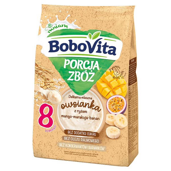 BoboVita Porcja zbóż Delikatna mleczna owsianka z ryżem mango-marakuja-banan po 8 miesiącu 210 g