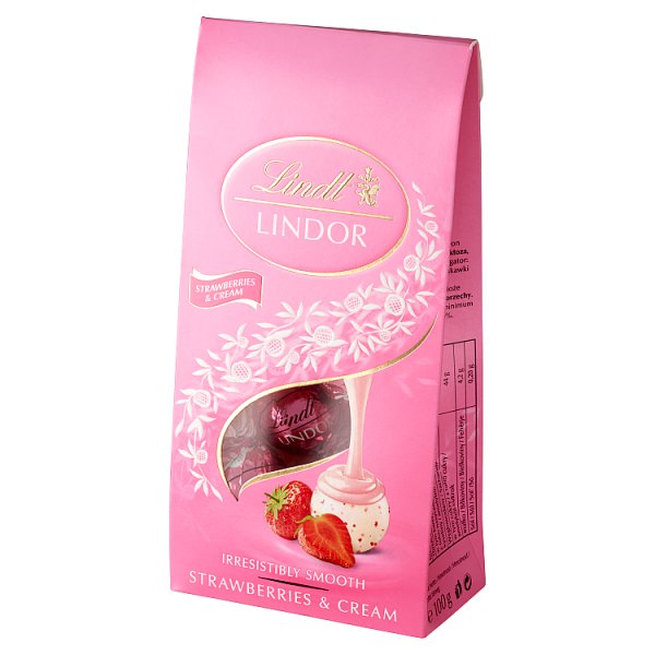 Lindt Lindor Pralinki z białej czekolady z kawałkami truskawek i śmietankowym nadzieniem 100 g