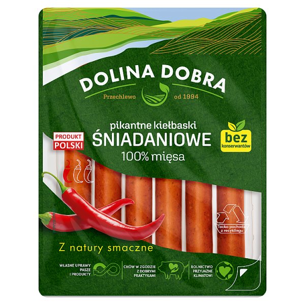 Dolina Dobra Pikantne kiełbaski śniadaniowe 100 % mięsa 250 g