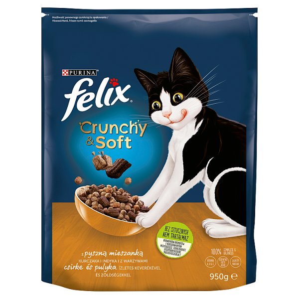 Felix Crunchy &amp; Soft Sucha karma dla kotów z pyszną mieszanką kurczaka i indyka z warzywami 950 g