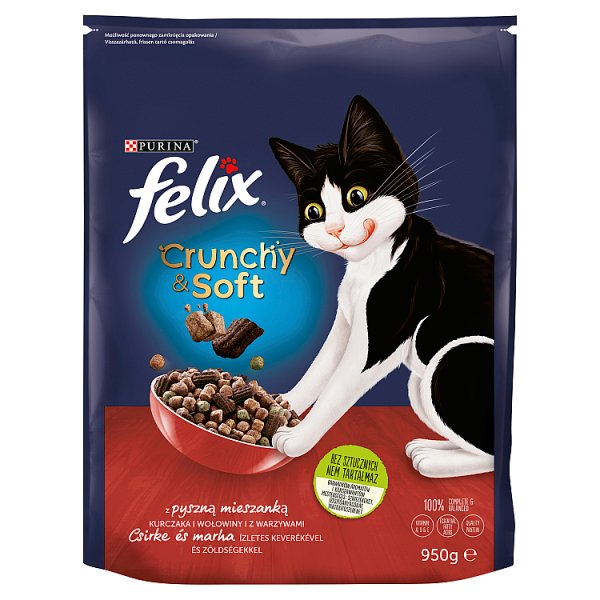 Felix Crunchy &amp; Soft Sucha karma dla kotów z pyszną mieszanką kurczaka i wołowiny z warzywami 950 g