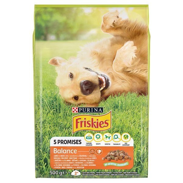 Friskies Balance Karma dla dorosłych psów z mieszanką kurczaka wołowiny i warzywami 500 g