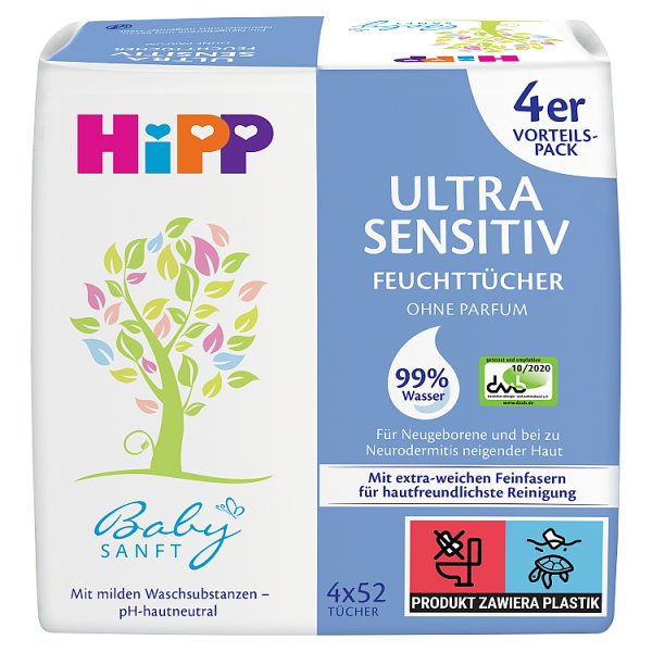 HiPP Babysanft Ultra-Sensitive Chusteczki pielęgnacyjne od 1. dnia życia 4 x 52 sztuki