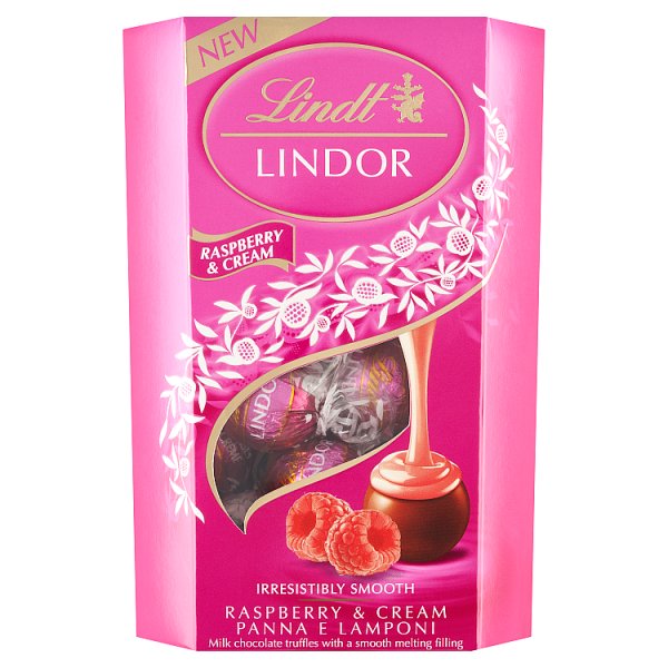 Lindt Lindor Praliny z czekolady mlecznej z nadzieniem o smaku malinowo-śmietankowym 200 g