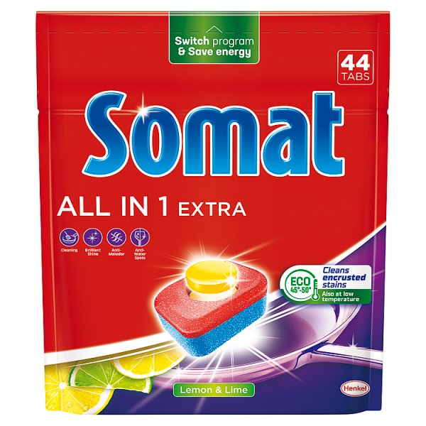 Somat All in 1 Extra Lemon &amp; Lime Tabletki do mycia naczyń w zmywarkach 730,4 g (44 sztuki)