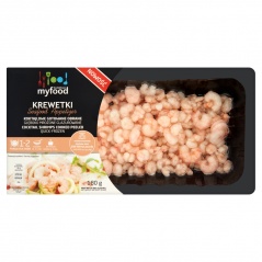 MyFood Krewetka koktajlowa, gotowana, obrana z ogonkiem, głęboko mrożona, glazurowana, 200-300 szt./lb; masa netto (bez glazury) 180  g