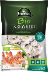 Primefrost BIO Krewetki surowe obrane z ogonkiem, rozmiar: 31-40 szt./lb, glazura: 20%, 320 g/400 g, produkt głęboko mrożony