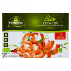 Primefrost  Krewetki gotowane bio obrane z ogonkiem, rozmiar: 26/30 szt./lb, glazura: 20%, 160 g/200 g