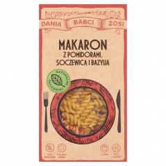 Makaron z pomidorami, soczewicą i bazylią