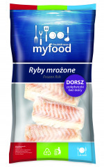 MyFood Dorsz czarny (Pollachius virens) polędwiczki bez skóry, z wodą dodaną, glazurowane, produkt głęboko mrożony, rozmiar: 100-140 g, glazura: 10%, 700/780 g