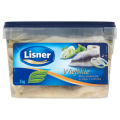 Filety Lisner śledziowe wiejskie w oleju z cebulką+koszt opak.0,31 zł. 