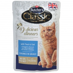 Butcher’s Delicious Dinners Cat z pstrągiem i dorszem kawałki w sosie 100g