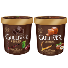 Lody Augusto Gulliver Premium 1 szt z mixu (czekoladowe z sosem, karmelowe z sosem) 2x3x0,46l