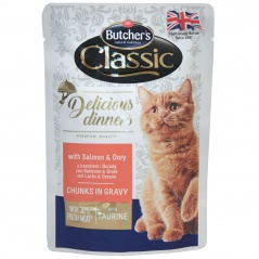 Butcher’s Delicious Dinners Cat z łososiem i doradą kawałki w sosie 100g