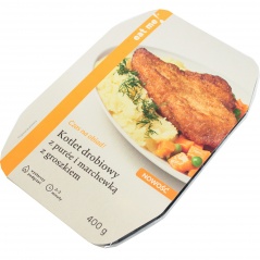 Kotlet drobiowy z puree i marchewką z groszkiem eat me 