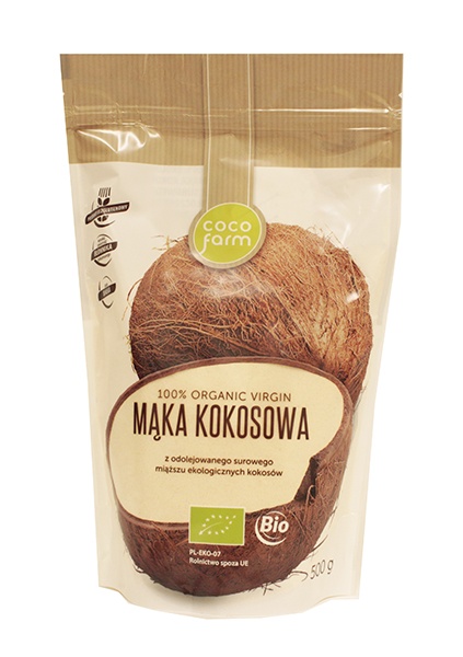 Mąka kokosowa 100% Organic Virgin z odolejowanego surowego miąższu ekologicznych kokosów.