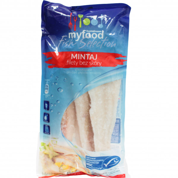 MyFood MSC Mintaj (Theragra chalcogramma) filety bez skóry, produkt głęboko mrożony, rozmiar: 120-170 g, glazura: 10%, 450 g/500 g