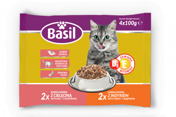 Karma dla kota basil z cielęciną i indykiem 4x100g 