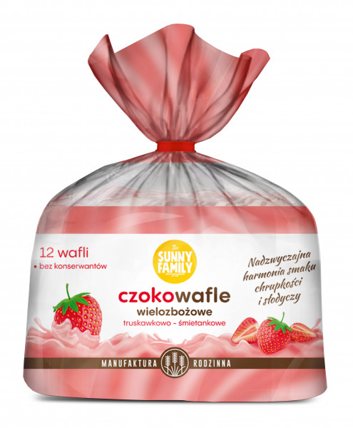 Wafle sunny family czekowafle truskawkowo-śmietankowe 140g 