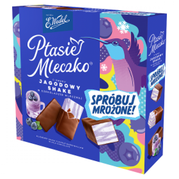 E.Wedel Ptasie Mleczko® o smaku jagodowy shake w czekoladzie mlecznej 340g