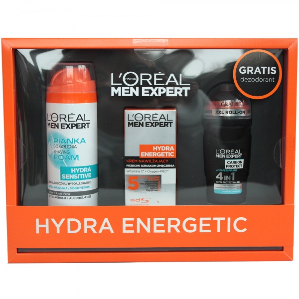 MEN EXPERT HYDRA ENERGETIC Krem przeciw oznakom zmęczenia + pianka do golenia + deo Men Expert gratis