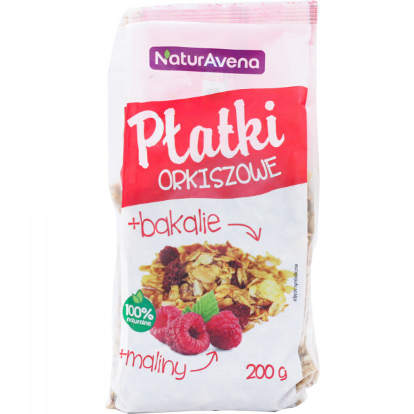 Płatki orkiszowe z maliną i bakaliami 