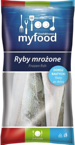 MyFood Dorsz bałtycki (Gadus morhua callarias) filety ze skórą, głęboko indywidualnie mrożone (IQF) , glazura: 10%, 450/500 g