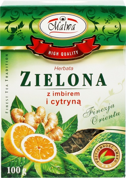 MALWA HERBATA ZIELONA LIŚCIASTA Z IMBIREM I CYTRYNĄ 100G