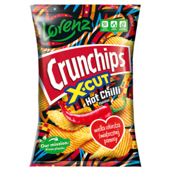 Chipsy crunchips x-cut hot chili wośp 130g