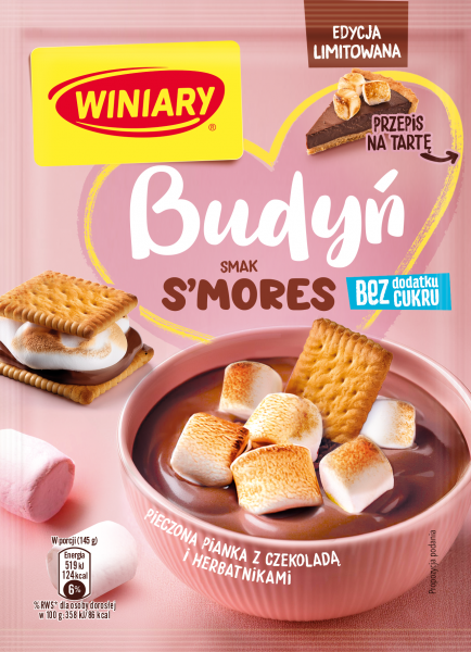 Winiary Budyń smak deseru S&#039;MORES (herbatników przekładanych pieczonymi piankami i czekoladą) bez dodatku cukru 35g