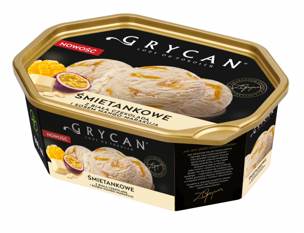 Lody Grycan śmietankowe z białą czek i sosem mango marakuja 