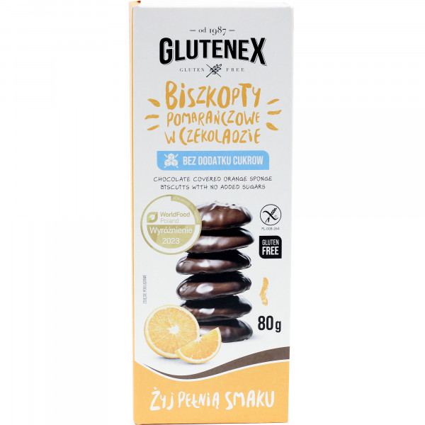 Biszkopty Glutenex bez glutenu bez cukru pomarańczowe w czekoladzie 