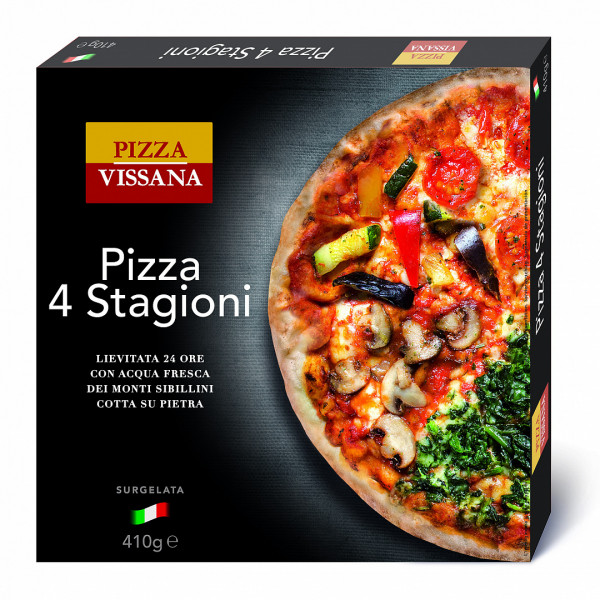 Vissana pizza 4 stagioni  cztery pory roku z serem mozzarella, pomidorami, szpinakiem i pieczarkami , 440 g