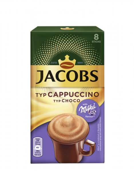 Jacobs Cappuccino Choco Rozpuszczalny napój kawowy o smaku czekolady Milka 144 g (8 x 18 g)