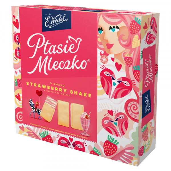 E. Wedel Ptasie Mleczko o smaku strawberry shake w czekoladzie białej 340g