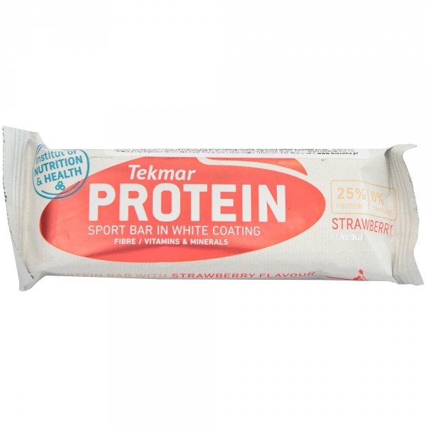 Baton wysokoproteinowy o smaku truskawkowym protein tekmar. 