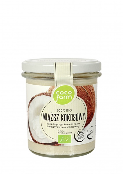 Coco Farm BIO miąższ kokosowy 280g - baza do przygotowania mleka, śmietany i kremu kokosowego.