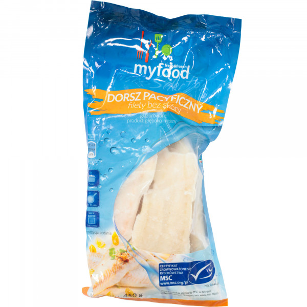 MyFood MSC Dorsz pacyficzny (Gadus macrocephalus) filety bez skóry, produkt głęboko mrożony, rozmiar: 120-170 g, glazura: 10%, 450 g/500 g