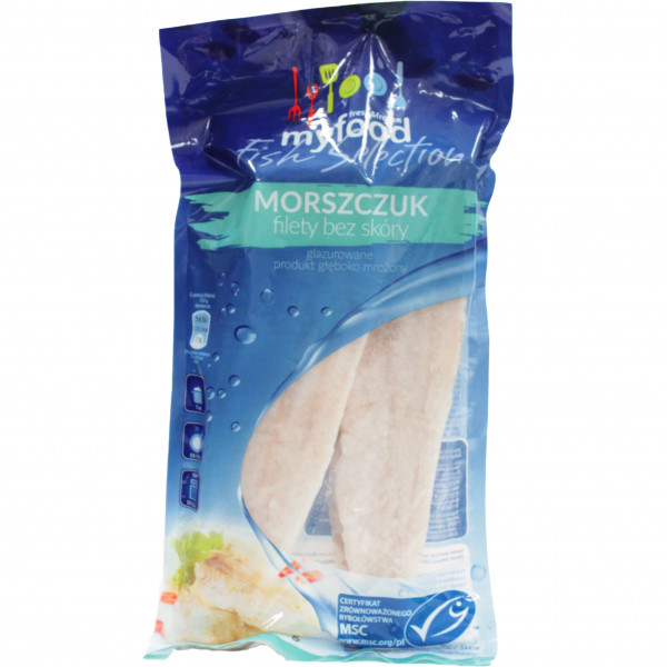 MSC MyFood Morszczuk (Merluccius productus) filety bez skóry, produkt głęboko mrożony, rozmiar: 120-170 g, glazura: 10%, 450/500 g