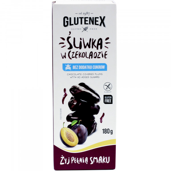 Śliwki Glutenex b/g w czekoladzie b/c 180g 